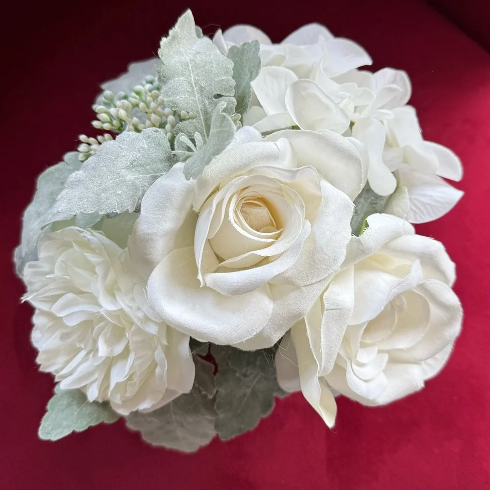 LIKE NEW silk flower arrangement in square silver mirrored glass container